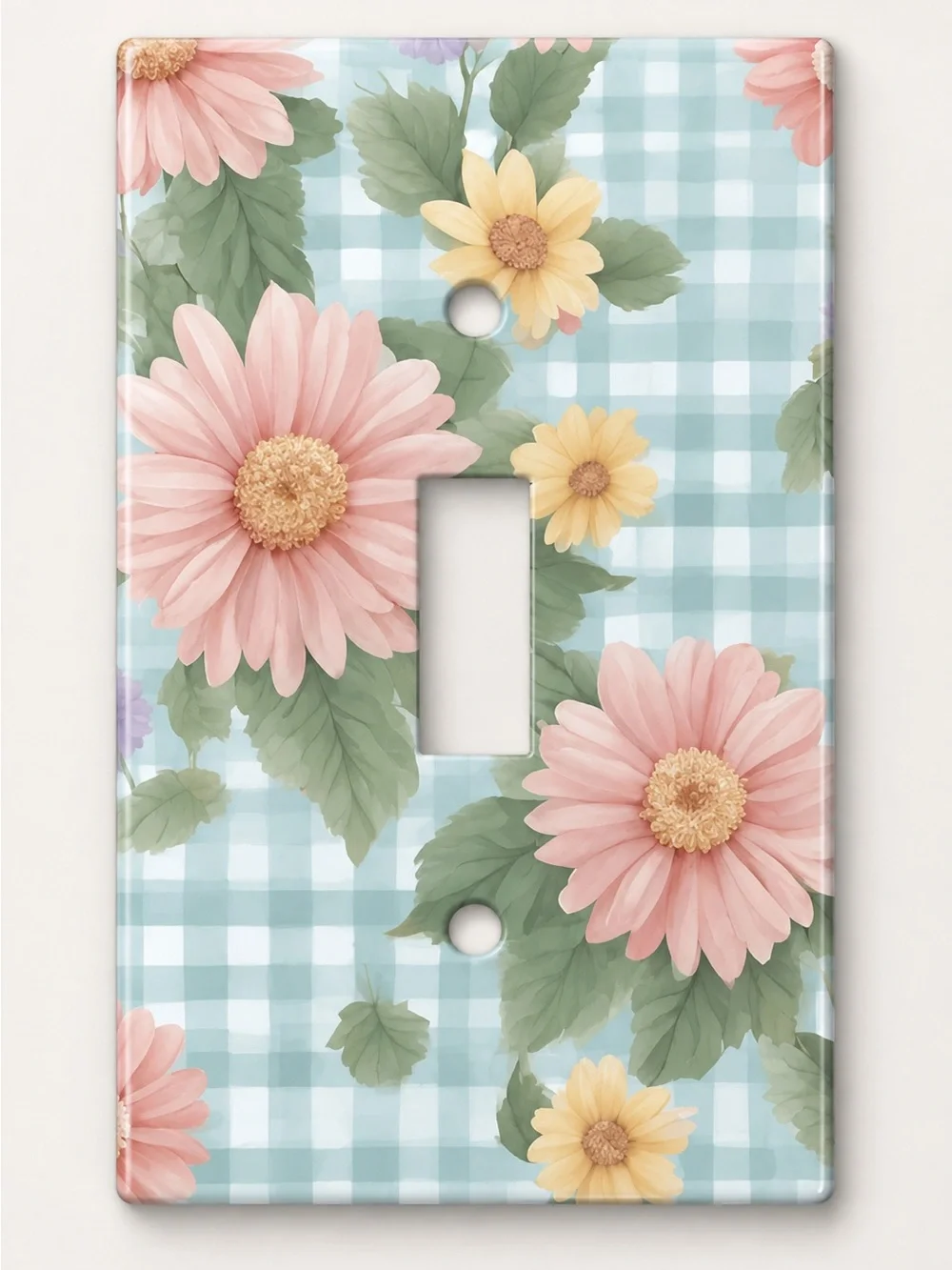 Handmade Pink Daisy Floral Gingham Toggle Light Switch Cover Plate